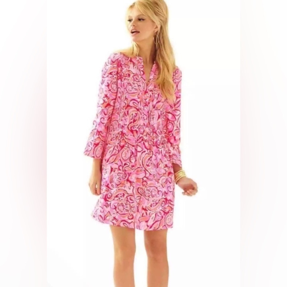 Lilly Pulitzer Women's Sarasota Tunic Dress XS Swirl Pleated Pink Half Button